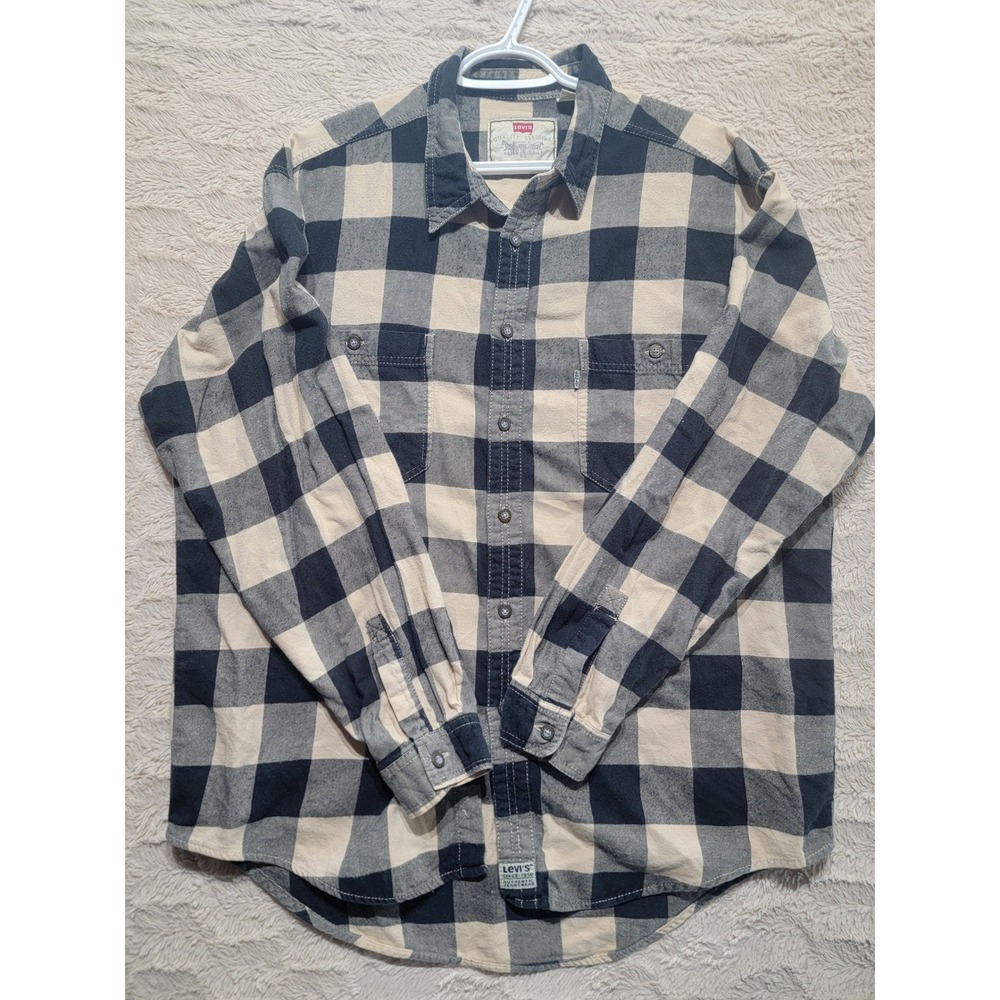 Levis Mens Large Buffalo Plaid Flannel Shirt Navy Blue Cream Cotton Button Down